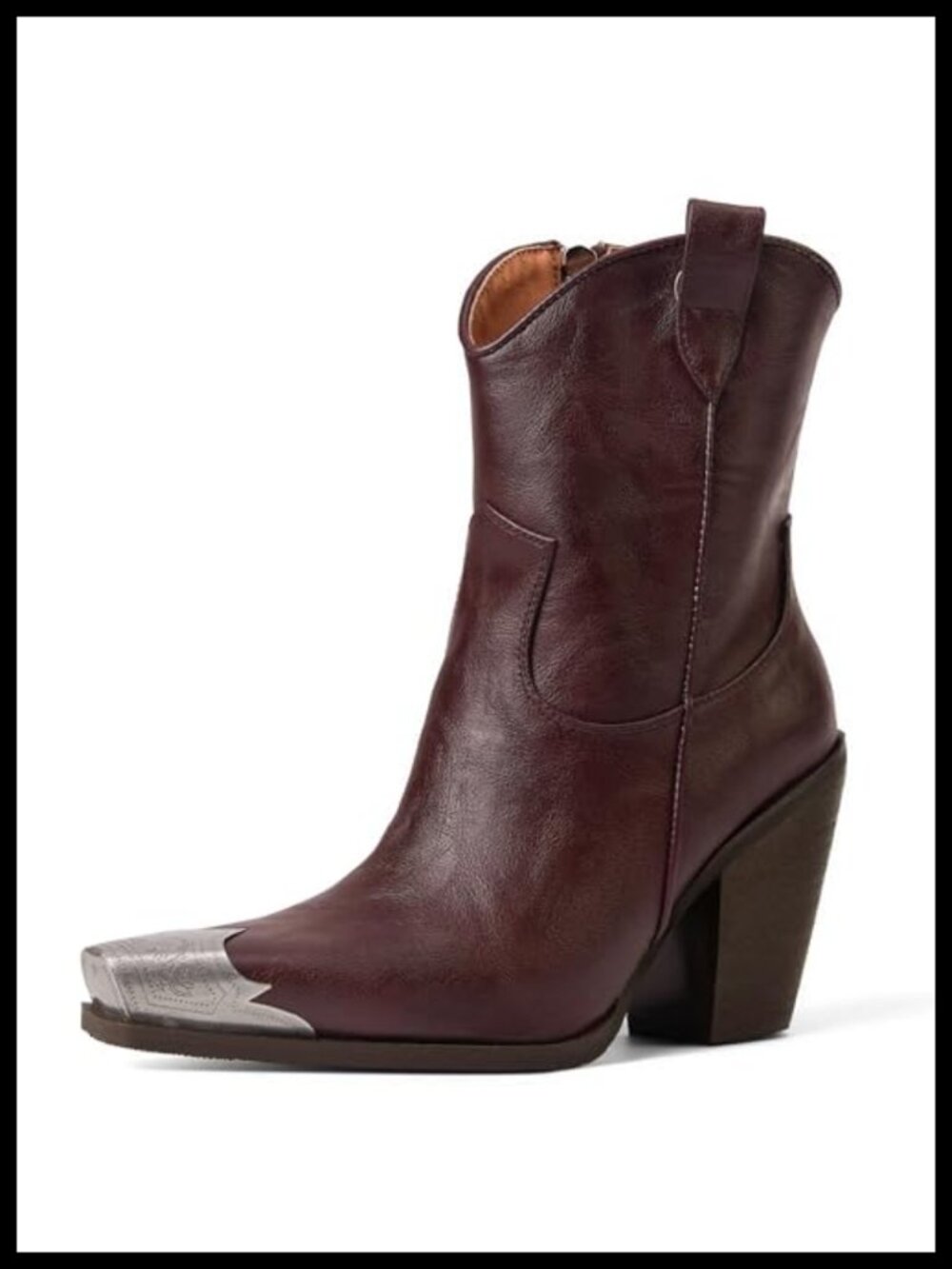Women's Faux Leather Ankle Cowboy Boots Stacked Block Heel Engraved Steel Toe